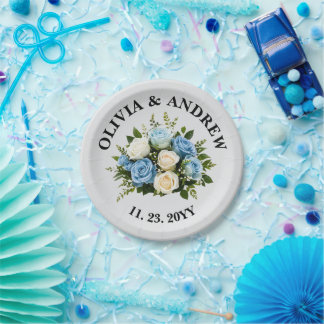 Plato De Papel Floral azul y blanca elegante personalizado