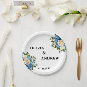 Plato De Papel Floral azul y blanca elegante personalizado