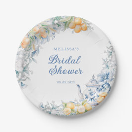 Plato De Papel Floral azul y citrus Fiesta de ducha de novia