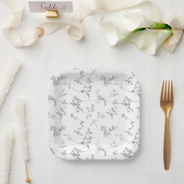 Plato De Papel Floral Black & White Botanical Line Art Plate (Boda)