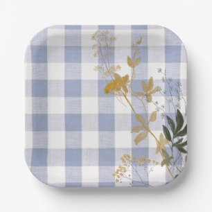 Plato De Papel Floral blanca azul Gingham Plaid Country Farmhouse