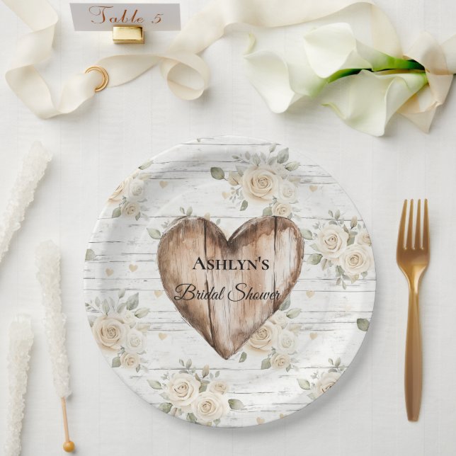 Plato De Papel Floral blanca Boho Faux Wood Heart Bridal Shower (Boda)