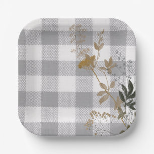 Plato De Papel Floral blanca gris Gingham Plaid Country Farmhouse