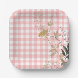 Plato De Papel Floral blanca rosa Gingham Plaid Country Farmhouse