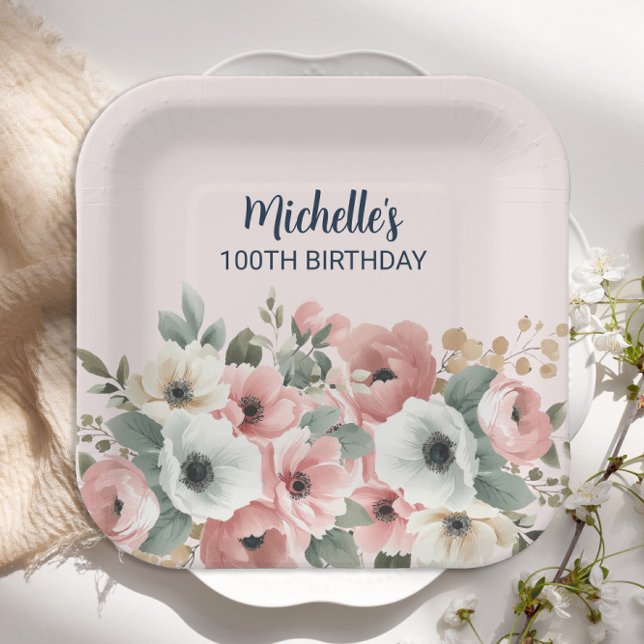 Plato De Papel Floral blanca rosada 100 cumpleaños (Elegant pink and white watercolor floral 100th birthday party paper plates)