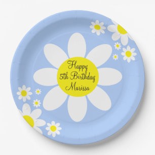 Plato De Papel Floral blanca y azul claro lindo quinto cumpleaños