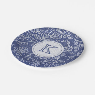 Plato De Papel Floral blanca y azul vintage monogramada