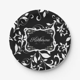 Plato De Papel Floral blanca y negra