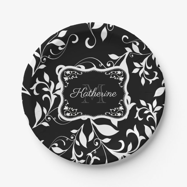 Plato De Papel Floral blanca y negra (Anverso)
