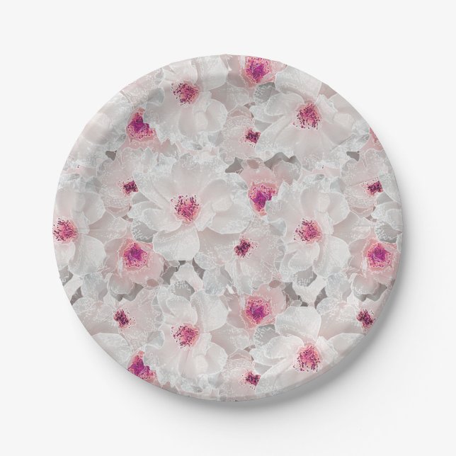 Plato De Papel Floral blanca y rosa delgada (Anverso)