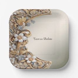 Plato de Papel Floral Blanco Dorado Decorativo