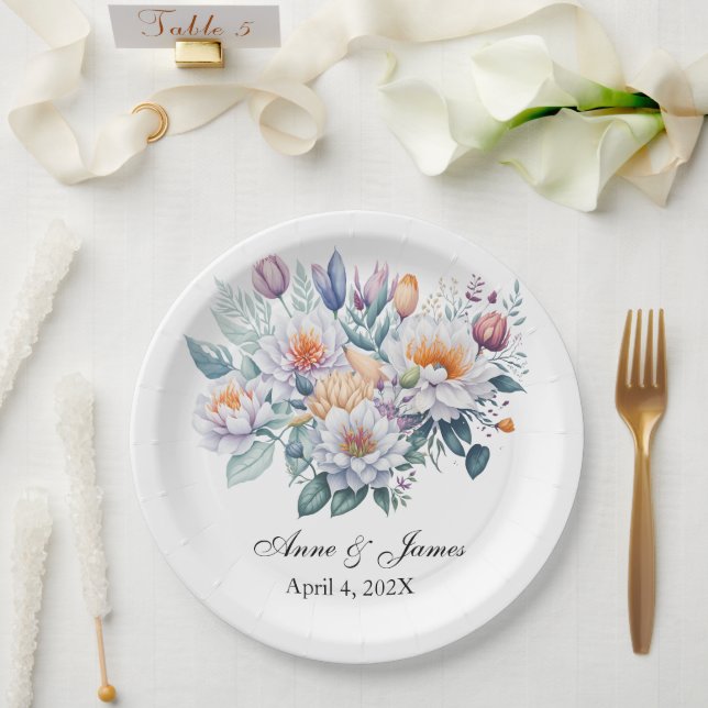 Plato De Papel Floral Blanco Personalizado (Boda)