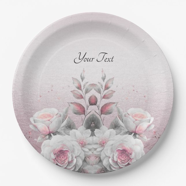 Plato de papel floral blanco rosa (Anverso)