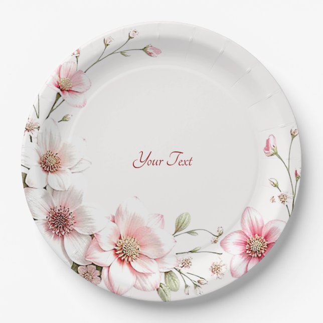 Plato de Papel Floral Blanco Rosa Elegante (Anverso)