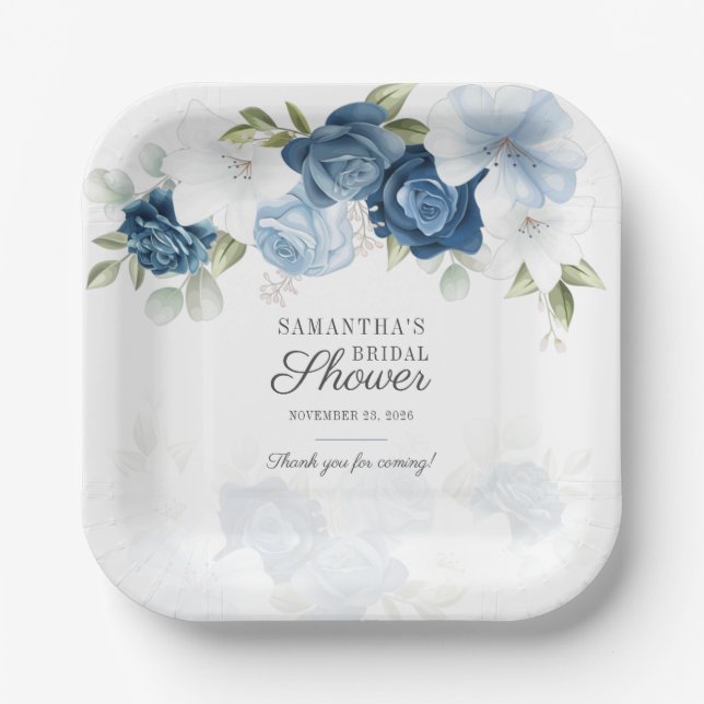 Plato De Papel Floral Bloom acuarela Blue White Bridal Shower (Anverso)