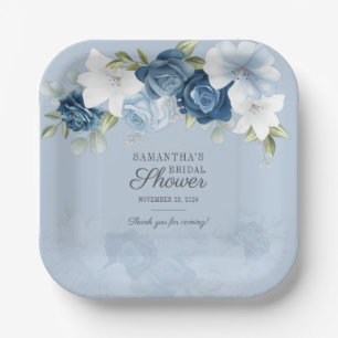 Plato De Papel Floral Bloom acuarela Dusty Flores Blancas Azules