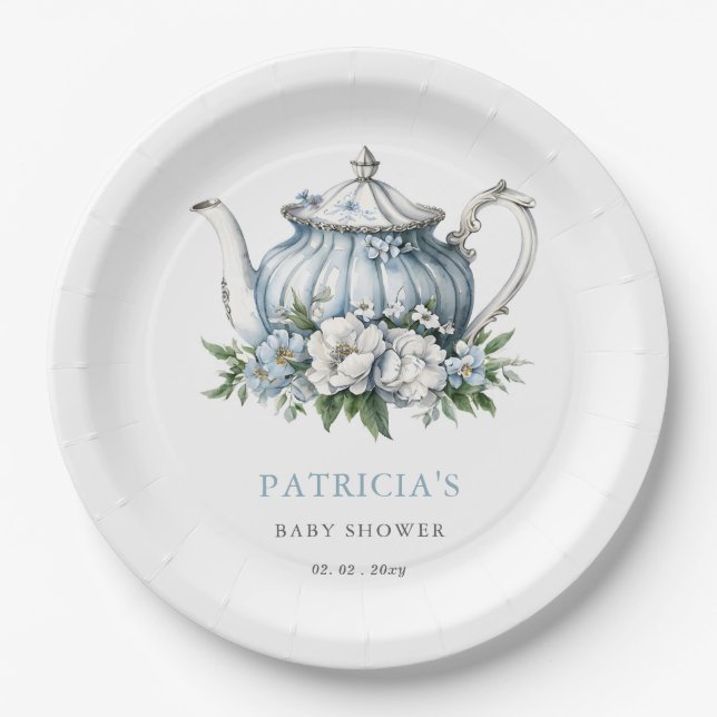 Plato De Papel Floral Blue Tea Fiesta Boy Baby Shower (Anverso)