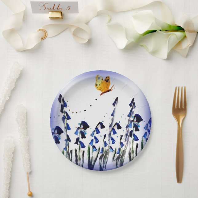 Plato De Papel Floral Bluebells Mariposa (Boda)