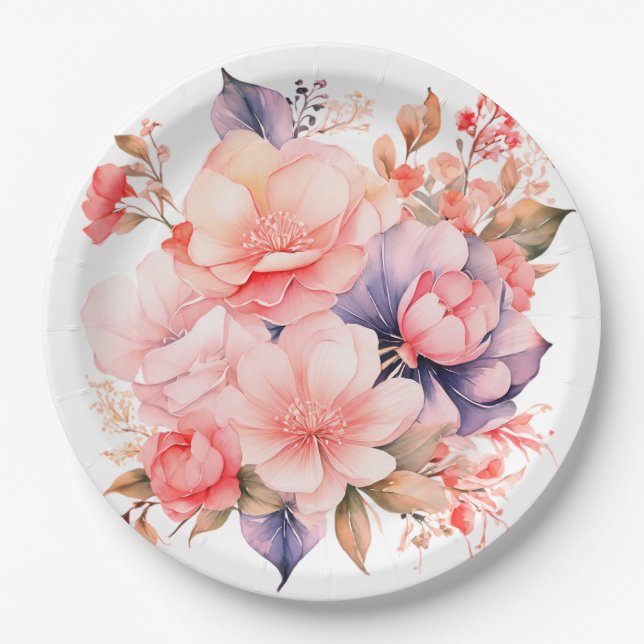 Plato de papel floral boda/ ducha (Anverso)