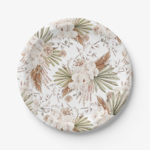 Plato De Papel Floral Bohemio y Plumas