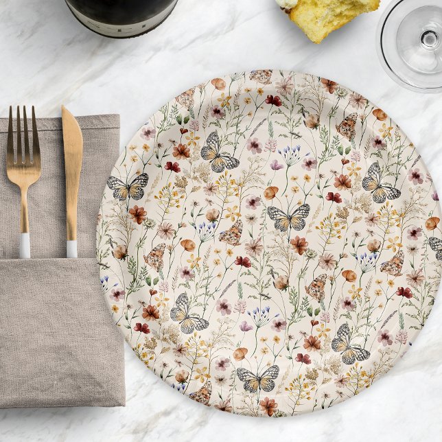 Plato de Papel Floral Boho (Boho Floral Paper Plate with Butterflies by Painted Paperie
)