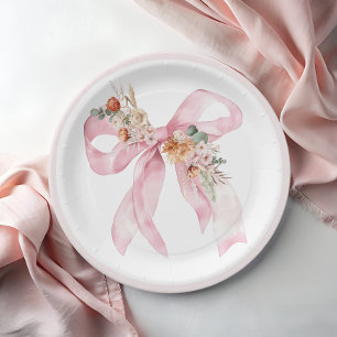 Plato De Papel Floral Bow Elegant Baby Shower Rosa