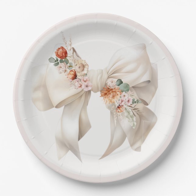 Plato De Papel Floral Bow Elegant Neutral Baby Shower (Anverso)