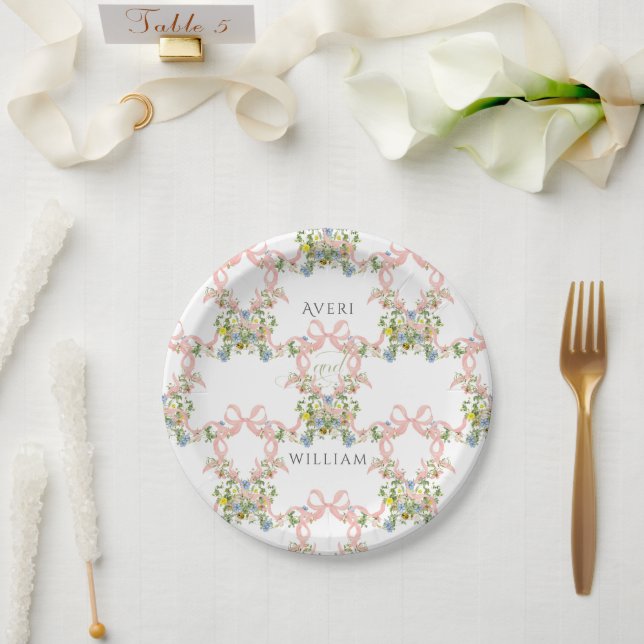 Plato De Papel Floral Bow Garden Rústico Elegante Boda de fotogra (Boda)