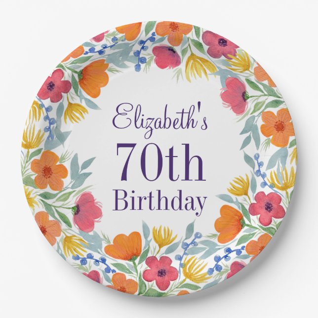 Plato De Papel Floral brillante 70 cumpleaños (Anverso)