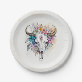 Plato De Papel Floral Bull Skull Watercolor Art