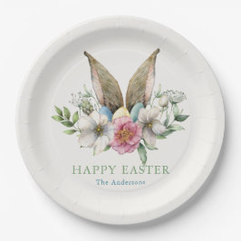 Plato De Papel Floral Bunny Ear Feliz Pascua