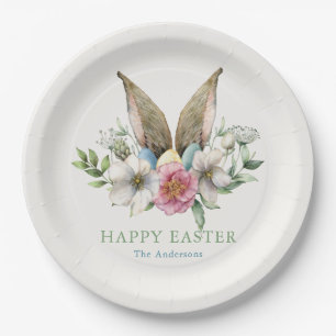Plato De Papel Floral Bunny Ear Feliz Pascua
