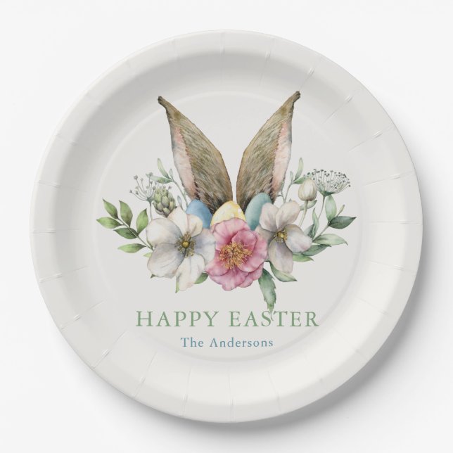Plato De Papel Floral Bunny Ear Feliz Pascua (Anverso)