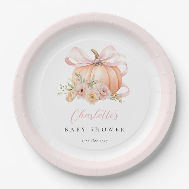 Plato De Papel Floral Calabaza Bow Baby Shower (Anverso)