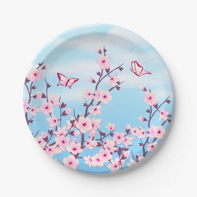 Plato De Papel Floral Cerezo Blossom Azul rosa (Anverso)