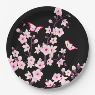 Plato De Papel Floral Cerezo Blossom Pink Black