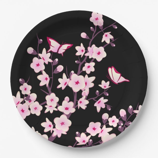 Plato De Papel Floral Cerezo Blossom Pink Black (Anverso)