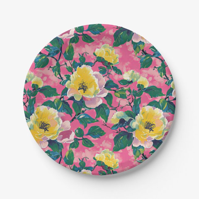 Plato De Papel Floral Chinoiserie rosa (Anverso)