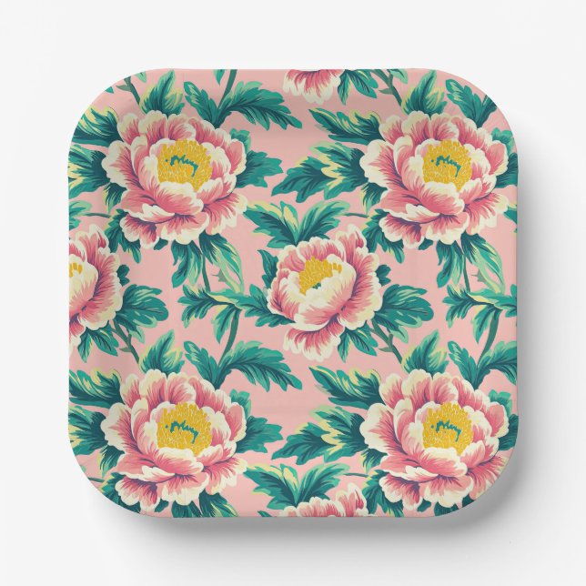 Plato De Papel Floral Chinoiserie rosa audaz (Anverso)
