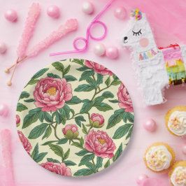 Plato De Papel Floral Chinoiserie rosa, verde y amarilla