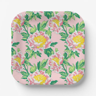 Plato De Papel Floral Chinoiserie rosa y amarilla