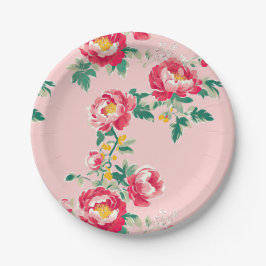 Plato De Papel Floral Chinoiserie rosa y roja