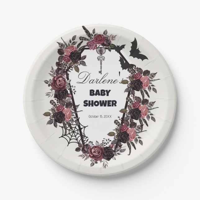 Plato De Papel Floral Coffin Halloween Baby Shower (Anverso)