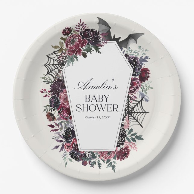 Plato De Papel Floral Coffin Halloween Baby Shower (Anverso)