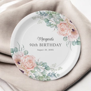 Plato De Papel Floral color rosa y beige 90 cumpleaños