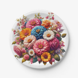 Plato De Papel Floral colorida/zinnia de primavera/Rosa