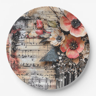 Plato De Papel Floral con claves de piano rústicas y hoja de músi
