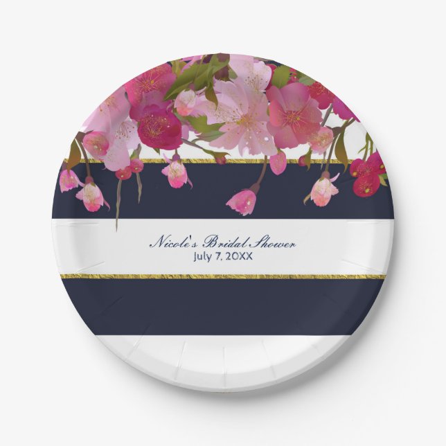 Plato De Papel Floral con ducha de novia moderna Purpurina de oro (Anverso)