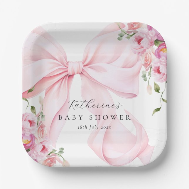 Plato De Papel Floral con lazo rosa  (Anverso)