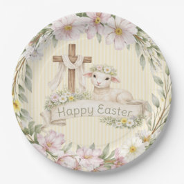 Plato De Papel Floral Cross and Lamb | Happy Easter